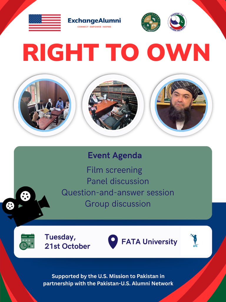 JamaimaAfridi's tweet photo. Calling all FATA University students🎉

We're excited to announce the screening of our documentary “Right To Own” on Women Inheritance Rights at FATA University.

Date: 21 October 2025
This initiative is supported by @PakUSAlumni 

#FATAUniversity #RightToOwn #PUAN https://t.co/TuUp16T9Q8