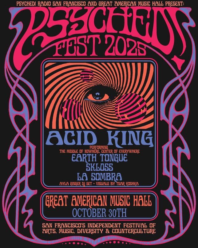 🌉🔊We’re heading out to San Francisco next week to play @psychedfest at the historic @greatamericanmusichall on 30th Oct. ✨Ticking that venue dream off the list and counting down the days to make a racket with @acidkingrocks @earthtongue &amp; <a href="/lasombra/">Dr. Jürgen Mayer</a>.noise