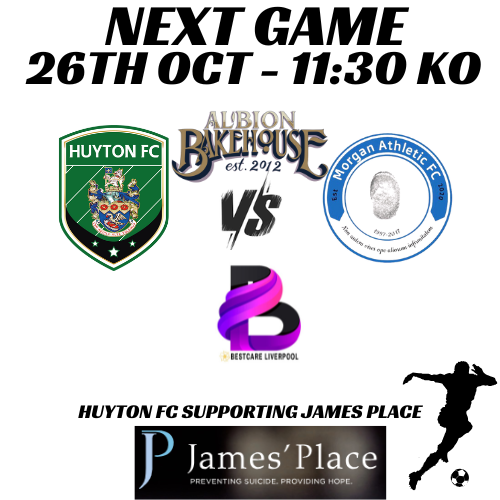 Next game see Morgan Athetic visit Preccy.
please follow Morgan athletic and visit the go fund me to donate and support James place. a great cause.
jamesplace.org.uk
justgiving.com/page/morganath…

Game sponsored by <a href="/albionbakehouse/">nina abh</a>  <a href="/JamesPlaceUK/">James’ Place</a>