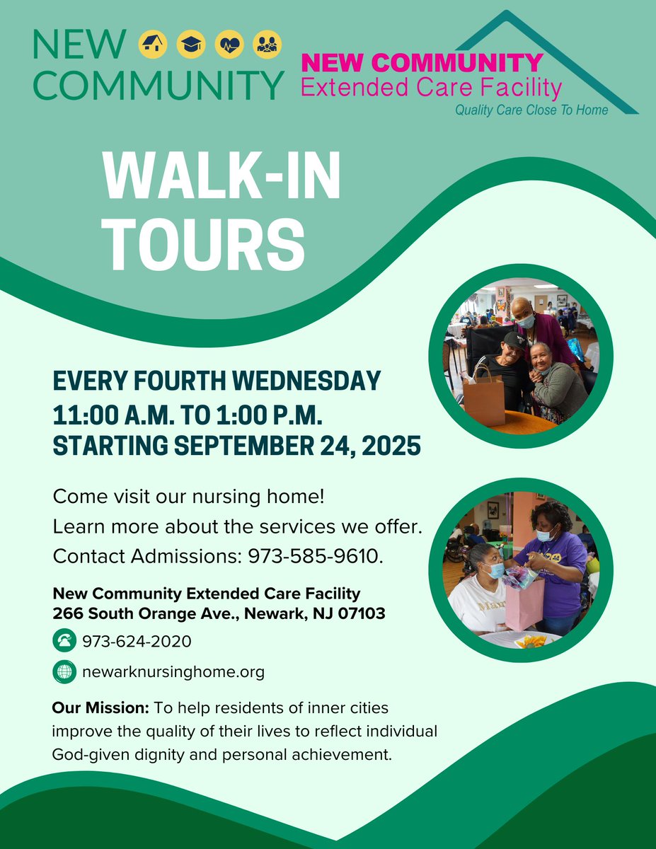 NewCommunityCor's tweet photo. Interested in learning more about New Community Extended Care Facility? Come for a Walk-In Tour on Wednesday from 11am-1pm. You'll learn more about the facility and its services . Call 973-585-9610 for more info.
#NewarkNJ #Newark #skillednursing #SkilledNursingFacility #tour https://t.co/FYfey6ErwU