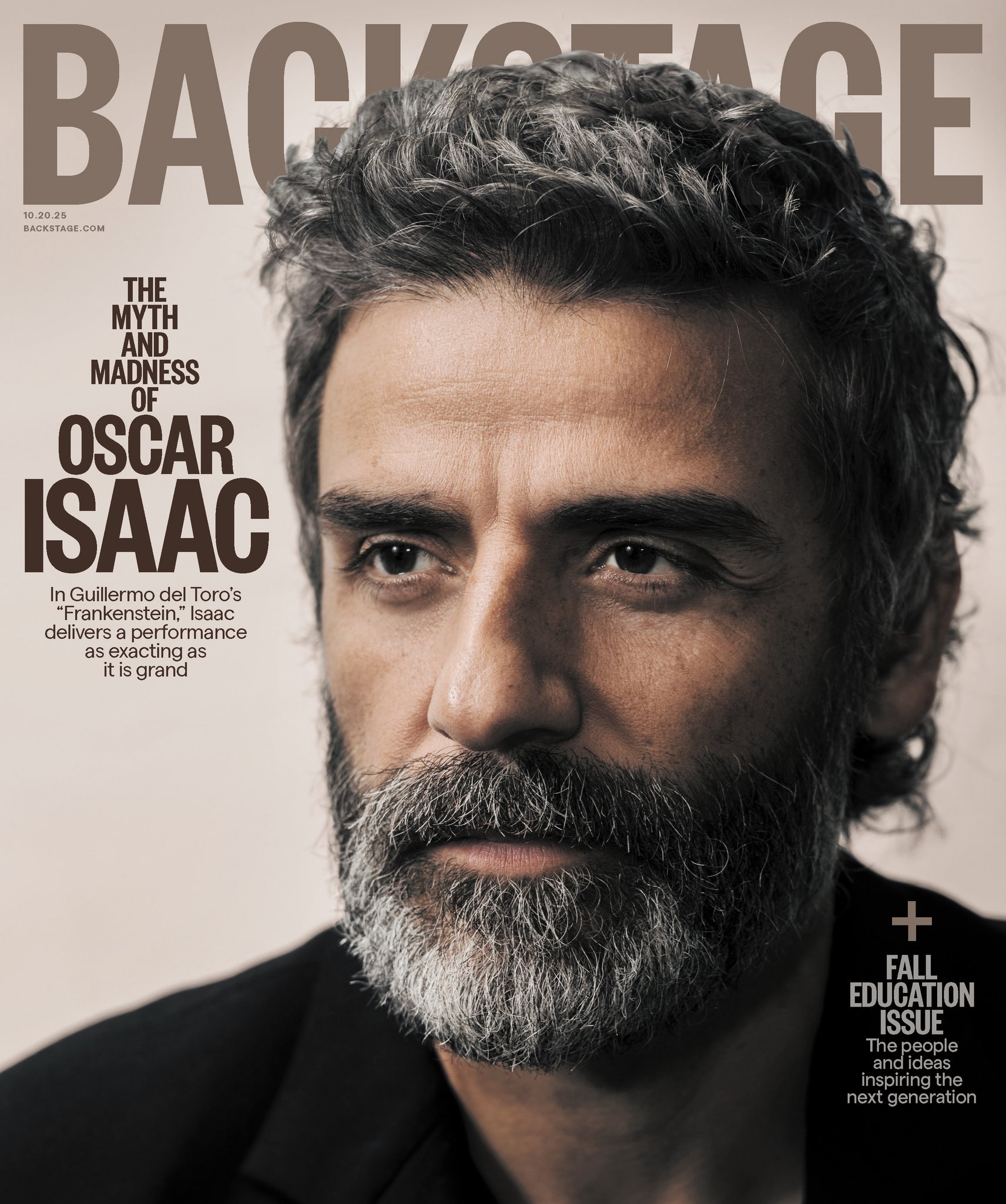 Magazine cover from Backstage Fall 2024 issue with title The Myth of Oscar Isaac in Frankenstein, subtitle about the actor portraying the creature in a Guillermo del Toro film, close-up portrait of Oscar Isaac with gray wavy hair, beard, wearing a black suit, neutral background, text overlays including publication details and article teasers.