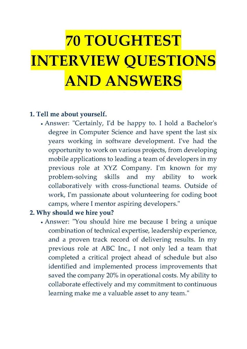 Tec_Fardin's tweet image. Most people suck at job interviews but not anymore.
I have curated 70 Toughest Interview Question Guide.
I usually sell for $99 but for the next 24 hours it's FREE.
Want it:
1. Like & Retweet
2. Comment "PDF"
3. Follow me (so i can DM it to you)