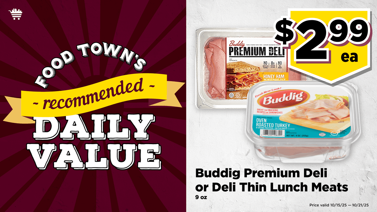 Food Town RDV: Buddig Premium Deli or Deli Thin Lunch Meats (9oz): $2.99 each.
(Valid through 10/21/25). rdv #save #everydayvalues#foodtownhouston