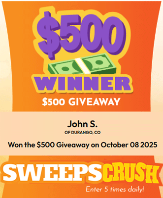 SweepsCrush's tweet photo. Big  congrats to $500 #Giveaway #Winner, John S. of Durango, Colorado!🏆

🧡Crush your day with free entries to #win up to $125,000 Cash: https://t.co/Ppfl2nflHE https://t.co/8RXYeiyzpE