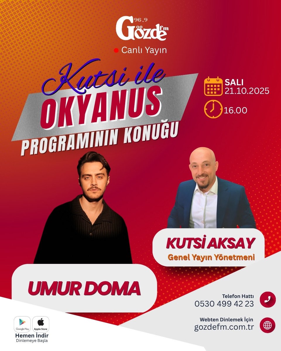 Kutsi Aksay ile Okyanus Programının Konuğu, Hande Ünsal İle düet Yapan Umur Doma Yeni Şarkılarının hikayesini yarın Salı günü anlatacak. 96.9 Frekansında gozdefm.com.tr den ve Telefon uygulamalarımızdan dinleyebilirsin. Sadece Yalova’nın değil Türkiye’nin önemli isimleri