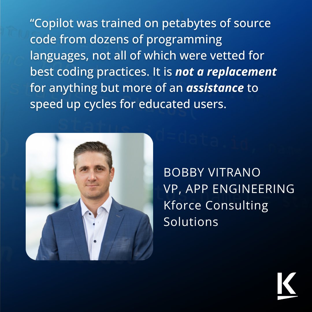 Kforce's tweet image. AI can write code but it can’t replace the expertise, judgment or accountability of a skilled developer.
Explore when and how to trust tools like #GitHubCopilot to strengthen your software delivery strategy: kfrc.co/4gjNxlz
#GitHub #Copilot #GenAI #AI #Coding