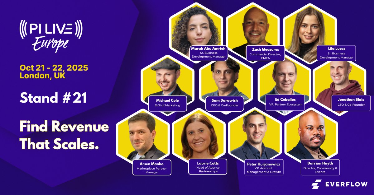 Everflow at PI LIVE is your ticket to scaling with confidence. Connect with us this week in London to learn more. 

🎪 Stand #21, 10/21 &amp; 10/22
🎤 Main Stage, 10/21 11am and 2pm 
🥂 Mixer, 10/21 at Vicinity, London 

RSVP: everflow.io/events/marketp…

#AffiliateMarketing