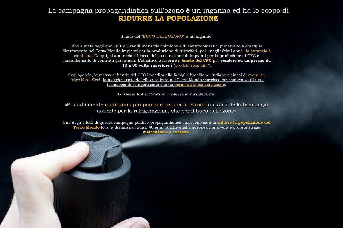 italiadeidolori's tweet photo. «La campagna propagandistica sul “buco dell'ozono“ fu un inganno; il funzionalismo in sé, era la riduzione della popolazione.»

«Probabilmente moriranno più persone per i cibi avariati a causa della tecnologia assente per la refrigerazione, che per il buco dell'ozono», R. Watson https://t.co/Qjzm16jPKY