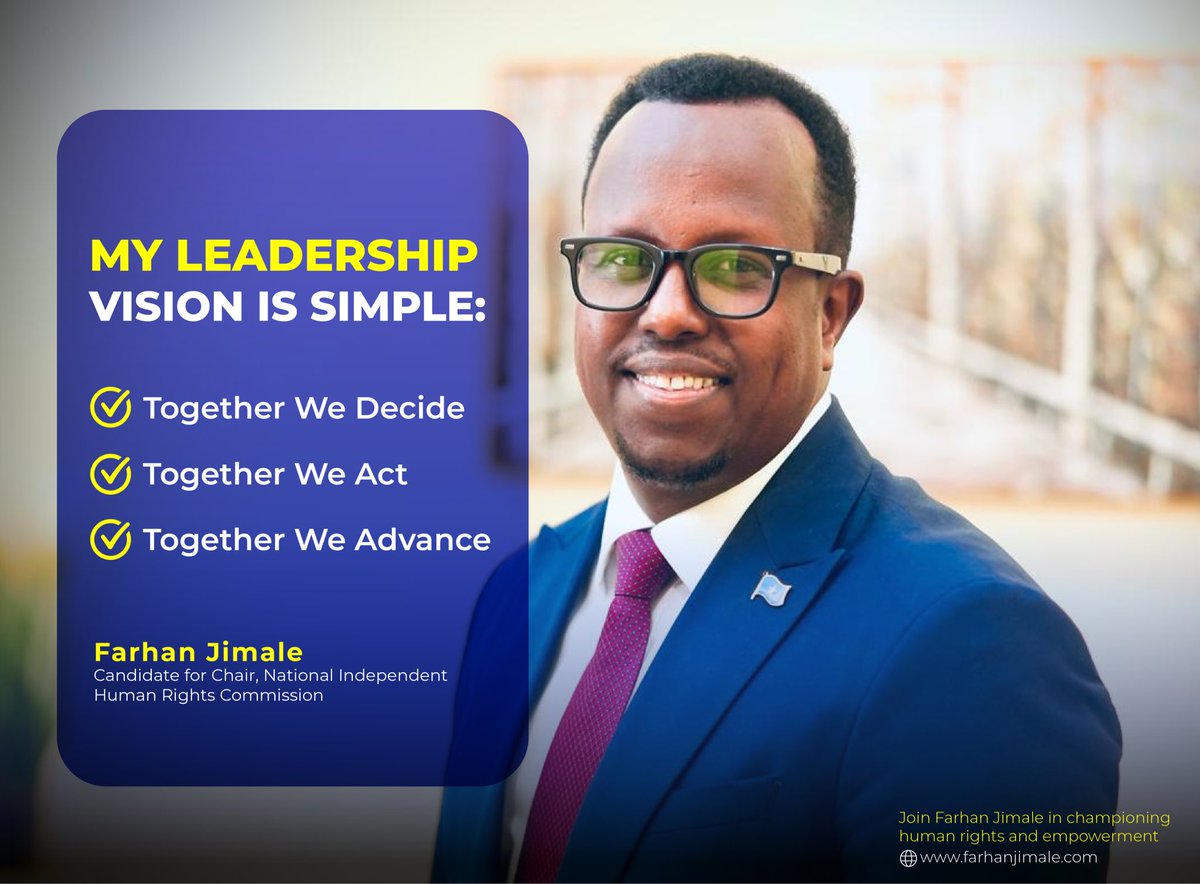 My leadership philosophy is rooted in unity and action.

Human rights begin with shared responsibility — when we listen, decide, and act together.

#Somalia #HumanRights #LeadershipMatters