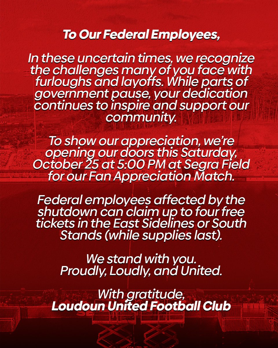 To our federal employees, we see you and we stand with you 💪❤️

As part of Fan Appreciation Week, federal employees affected by the shutdown can get up to four free tickets to this Saturday’s match at Segra Field.

🎟️ Claim your tickets here: share.hsforms.com/1vERfq41wTwSgK…