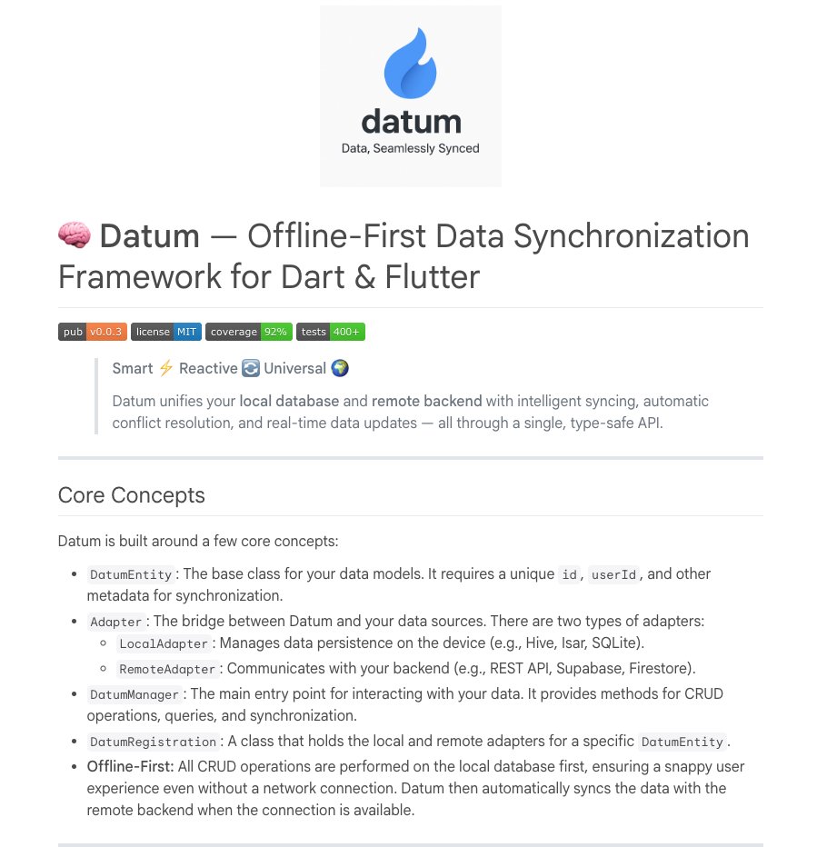 shreemanarjun's tweet image. 🚀 Introducing Datum — the Offline-First Data Sync Framework for #Flutter & #Dart
🧠 Smart ⚡ Reactive 🔄 Universal
✅ Intelligent Sync
✅ Real-time Diff Updates
✅ Type-safe API
📦 pub.dev/packages/datum
#Supabase #FlutterDev
@sethladd @dshukertjr @devangelslondon @imthepk