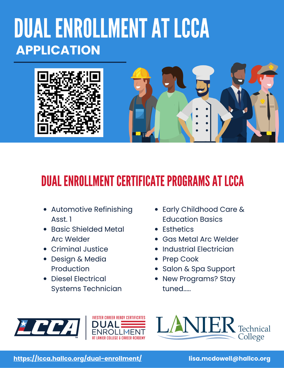 DualLcca's tweet photo. Interested in earning a certification in high school? Apply now for dual enrollment at LCCA!
#CareerReady @LCCA_HS  @LanierTech https://t.co/O65oscIa1S