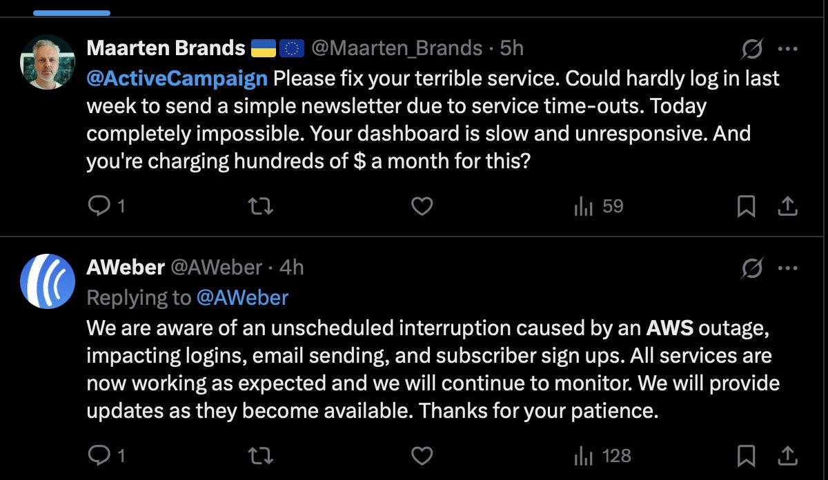 With so many email marketing providers relying either directly or indirectly on Amazon Web Services (AWS), it's a timely reminder that you need to make regular, independent backups of your email list for maximum reliability (eg ListLockr).