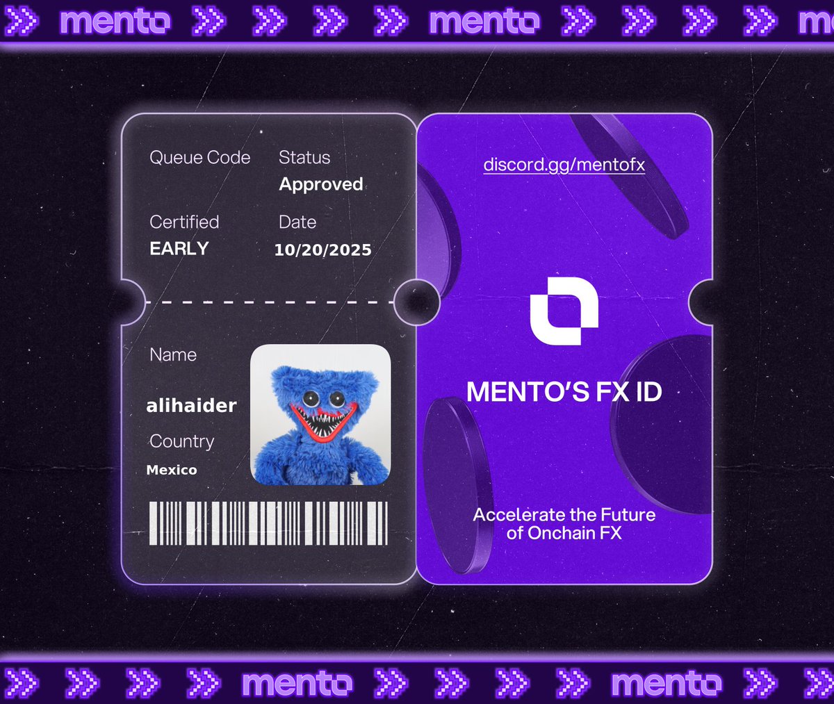 Licensed to trade the internet’s FX layer. 

Claimed my FX ID on discord.gg/mentofx 

 every currency, onchain with <a href="/MentoLabs/">Mento (fx/acc)</a>