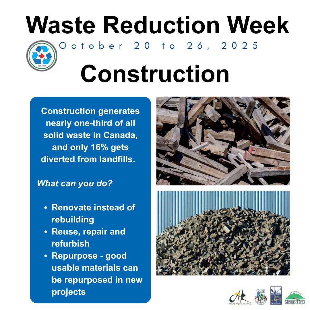WASTE REDUCTION WEEK: CONSTRUCTION
𝐂𝐨𝐧𝐬𝐭𝐫𝐮𝐜𝐭𝐢𝐨𝐧 - 𝐌𝐨𝐧𝐝𝐚𝐲 
In Canada, over four million tonnes of construction waste are generated each year—enough to fill roughly 640 Olympic swimming pools—with only 16% of that waste diverted from landfills.
