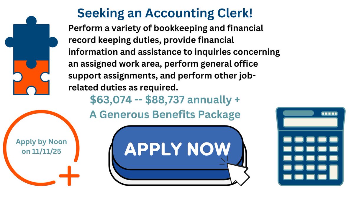 We are looking for an accounting clerk to join our fiscal team. Apply by noon on 11/11. More details: bit.ly/3KWMEVr