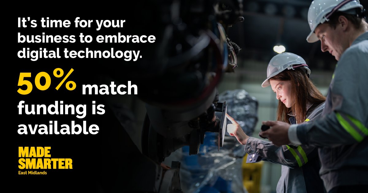 Up to £20,000 available for East Midlands manufacturers!

Up to 50% match funding is available for equipment and/or specialist advice to implement Industrial Digital Technology.

Funding is limited, don’t miss out. Apply today 👉 madesmarter.uk/start-your-dig…