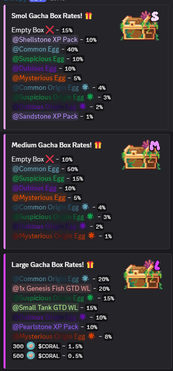 reborninx's tweet photo. Gacha box drop rates and opening dropped today in @AquariumQuestCo! There are various tiers to these gacha boxes; time for us to gamble our hard-earned bloopies xD https://t.co/JHp9ebTmDP