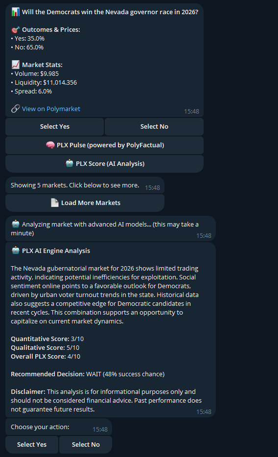 PolyxBot's tweet photo. 🧠Introducing PLX Score — the AI-driven analysis layer for prediction markets.

Built into PolyXbot, PLX Score evaluates any Polymarket event using our proprietary AI engine — blending quantitative market data and qualitative real-world sentiment to generate actionable intelligence.

📊 Quantitative metrics: Orderbook depth, liquidity, spread, volume dynamics.
🗞️ Qualitative signals: News sentiment, social narratives, and historical patterns.

Each market is scored by the PLX AI Engine, which processes real-time data and assigns a composite PLX Score — guiding users toward optimal trading decisions with clarity and confidence.

 This is more than analysis. It’s insight — driven by data, refined by AI. Powered by $PLX.

Try it yourself on any market in the PolyXbot Telegram bot.

💡 Example below: PLX Score’s take on the Nevada Governor Race 2026.
