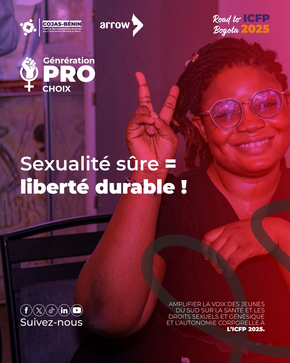 Une sexualité sûre, c’est choisir, se protéger et vivre sans peur.

Nous sommes la #GénérationProChoix : libres, informé·es et solidaires pour l’autonomie corporelle et la dignité.

Parlons-en. Défendons-la. Jusqu’à #ICFP2025 !
#DroitsSexuels #CIPF2025