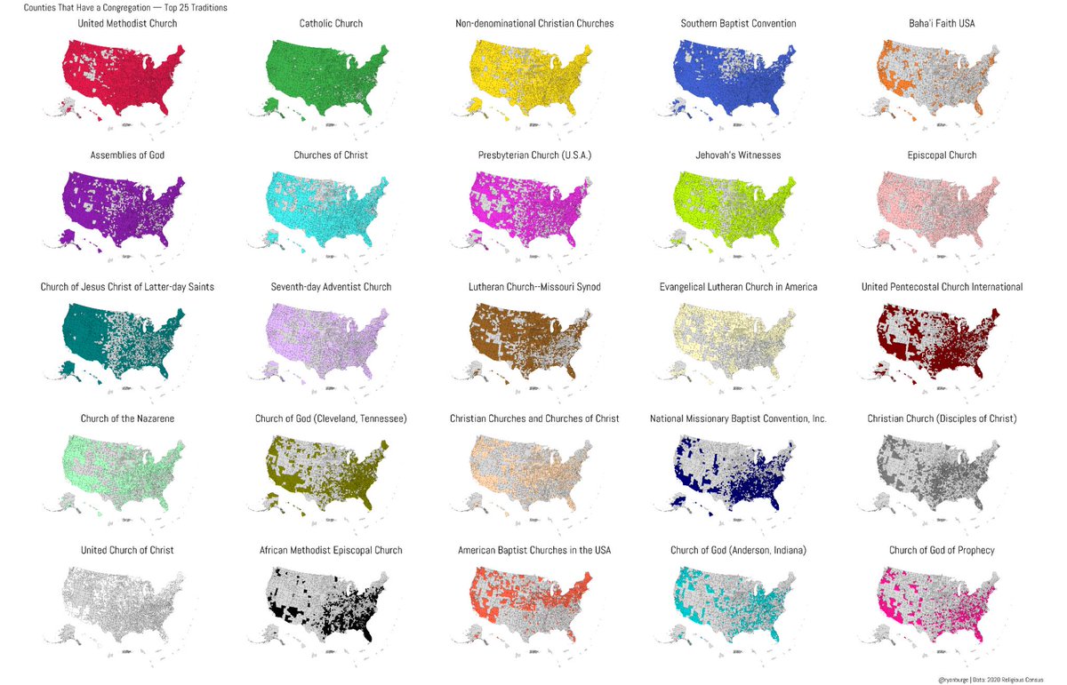 Okay, so I've visualized the geographic distribution of the 25 largest religious traditions in the United States. 

But the file size is so huge, it has to be compressed like crazy to actually attach below. 

If you want a hi-res version click here: 
ibb.co/PfNMRKW