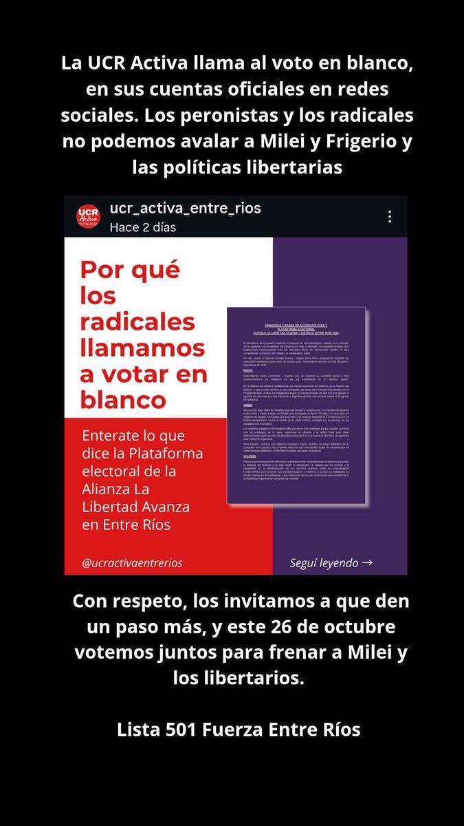 📦 La UCR Activa de Entre Ríos llama al voto en blanco en sus cuentas oficiales en redes sociales. Con respeto, los invitamos a que den un paso más y este 26 de octubre votemos juntos para frenar a Milei y los libertarios. 

LISTA 501 FUERZA ENTRE RIOS