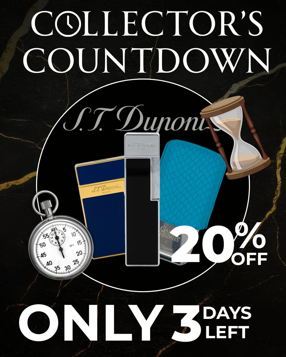 New Collector's Countdown deal dropped! 🕰

It's more than just cigars being featured in these daily deals, but hurry only 3 days to take advantage on this one! The deals reset on Thursday, make sure to act fast! 🏃
Today's Collector Countdown:

💥 All S.T. Dupont! For 20% off!