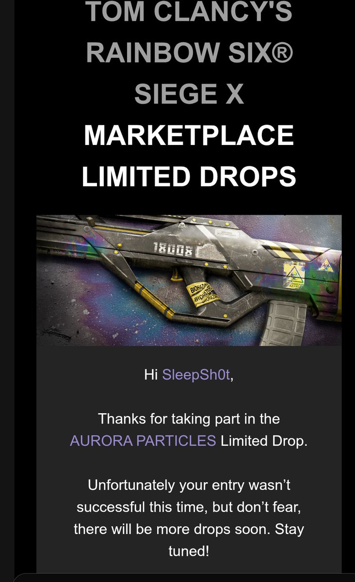 SleepSh0t's tweet image. Nice! 0-5 I think and I still hadn't one. I also clicked the second the button became possible to join the drop. As I said @VarsityGamingTV no one wins these. If some one one it plz upload a video showing it off in game and tag me. @Rainbow6Game #r6seige #seigex