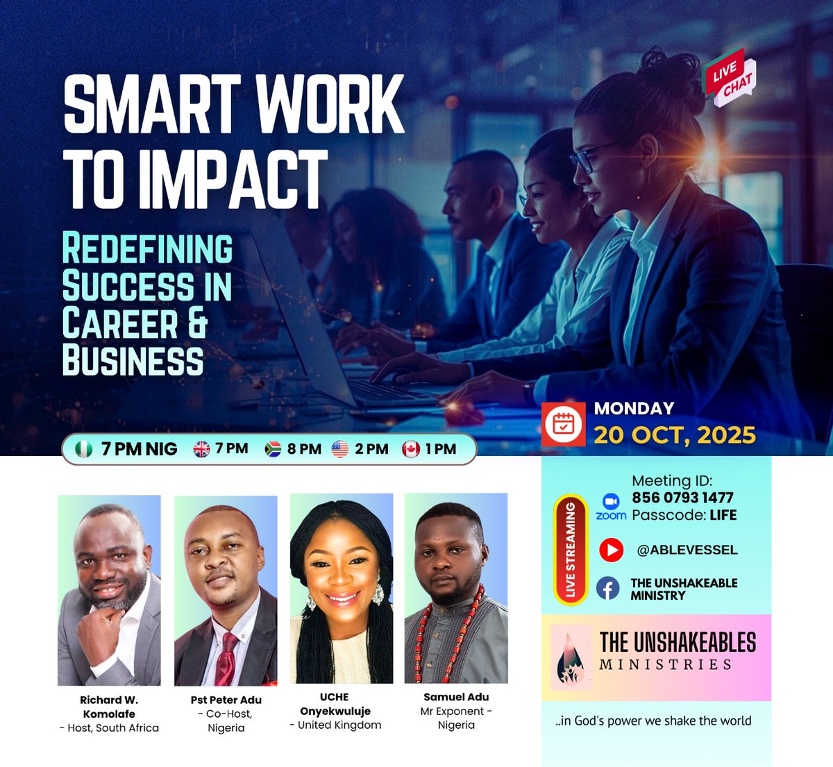 exponent_sam's tweet photo. Join us live today, Monday October 20, 2025.

7PM (Nigeria | UK) • 8PM (South Africa) • 2PM (USA Eastern) • 1PM (Canada Eastern) (please verify your local time)

YouTube: @AbleVessel
https://t.co/Ure0uzT5hN 
Zoom: Meeting ID: 856 0793 1477 | Passcode: LIFE https://t.co/1Qpfuv2uYO