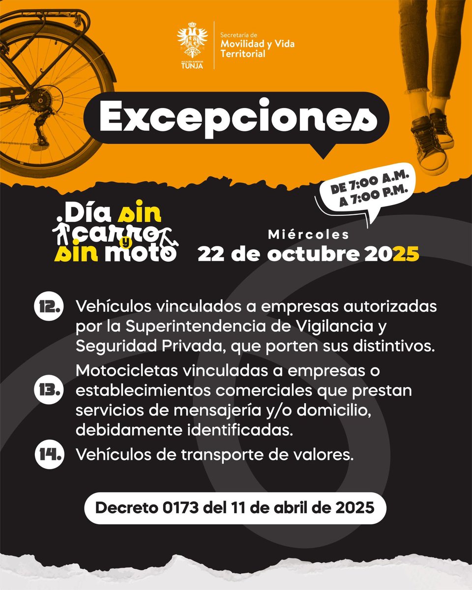Este miércoles 22 de octubre Tunja se mueve diferente. 

Consulta las excepciones del #DíaSinCarroYSinMoto y planea tu día con tiempo.

¡Juntos respiramos mejor y nos conectamos con la movilidad sostenible! 🌱

#ConectamosConLaMovilidad