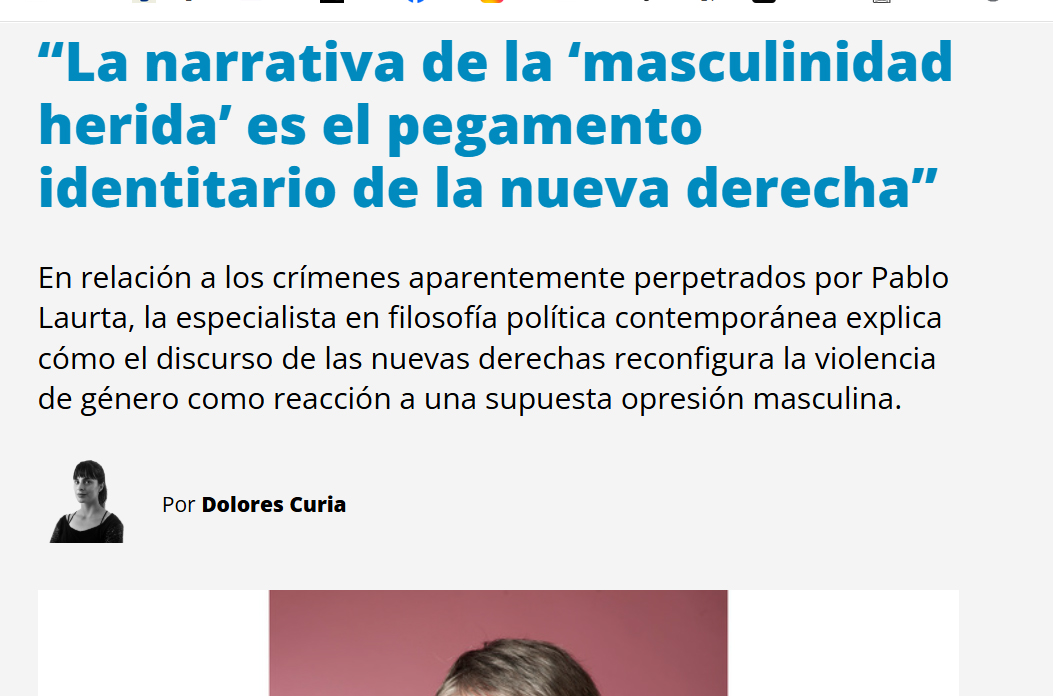 La filósofa Danila Suárez Tomé sugiere en <a href="/pagina12/">Página|12</a> que si los hombres mueren más en las guerras, se suicidan más y son las primeras víctimas del homicidio, eso es por culpa de ellos mismos, del patriarcado. El presupuesto subyacente es que todos los hombres son identitariamente