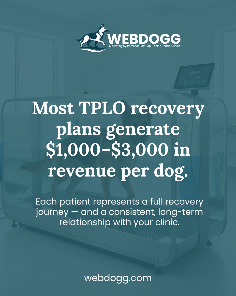 thewebdogg's tweet photo. A single TPLO recovery plan brings in $1K–$3K.
That means even one new recovery client can cover a month of marketing. Predictable recovery clients = predictable growth.
👉 https://t.co/OfGNBwb3wc
#Webdogg #CanineRehab #TPLORecovery #UnderwaterTreadmill #RehabClinicGrowth https://t.co/lKDDvLU6Pc