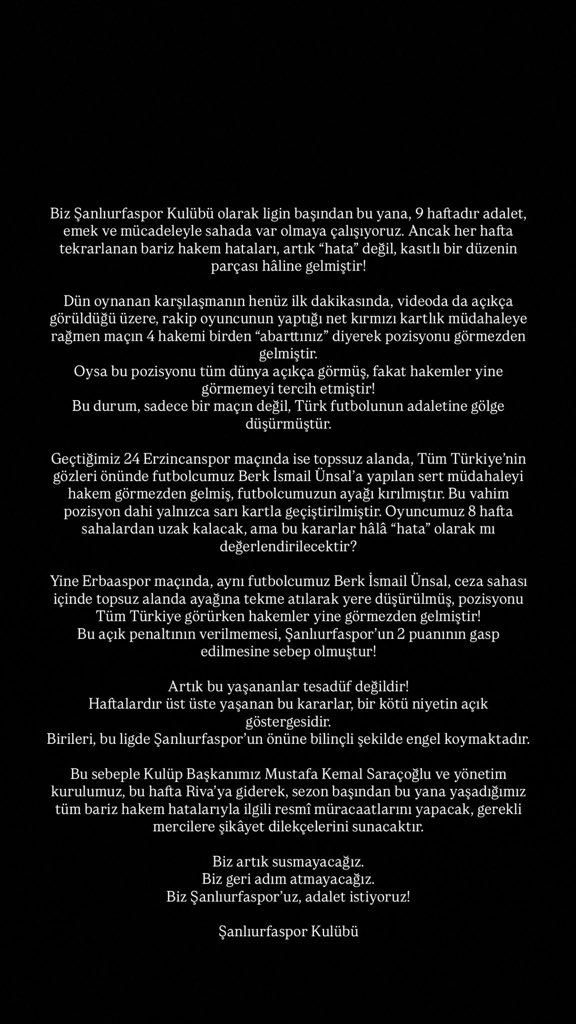 Şanlıurfaspor da bir açıklama yayınlamış