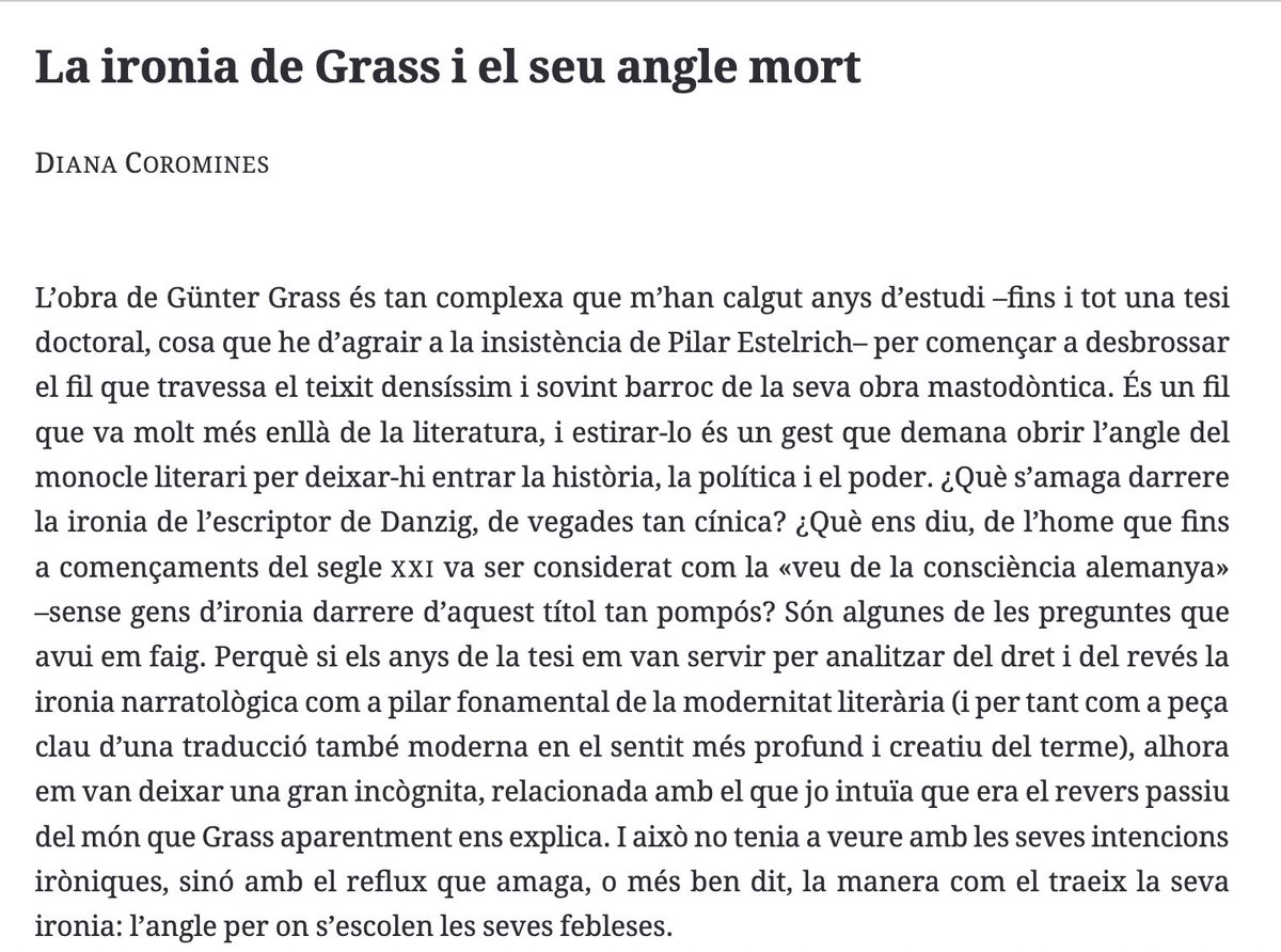 En aquest article publicat a l'#AnuariTRILCAT de <a href="/TraduccioUPF/">Traducció UPF</a> explico què s'amaga sota la complexitat retòrica d'un dels grans escriptors tòtem del segle XX: Günter Grass, el Sartre alemany👇 (p. 99)  raco.cat/index.php/Anua…