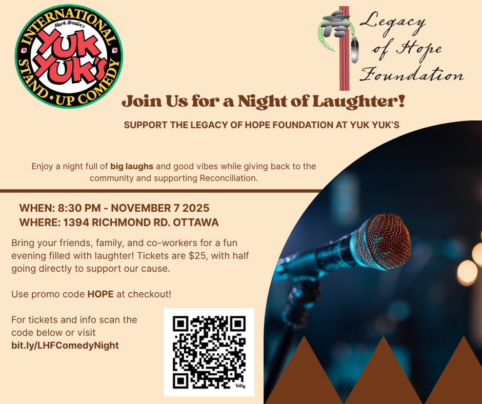 Legacy of Hope (@legacyhopefound) on Twitter photo 🎤 Benefit Comedy Night at Yuk  Yuk's Ottawa ! 🎤
Join us for a night of big laughs and bigger impact with headliner - all in support of the Legacy of Hope Foundation!
bit.ly/4qrt83N
#ComedyForACause #LegacyOfHope #YukYuksOttawa #Reconciliation 
bit.ly/LHFComedyNight 🎤 Benefit Comedy Night at Yuk  Yuk's Ottawa ! 🎤
Join us for a night of big laughs and bigger impact with headliner - all in support of the Legacy of Hope Foundation!
bit.ly/4qrt83N
#ComedyForACause #LegacyOfHope #YukYuksOttawa #Reconciliation 
bit.ly/LHFComedyNight