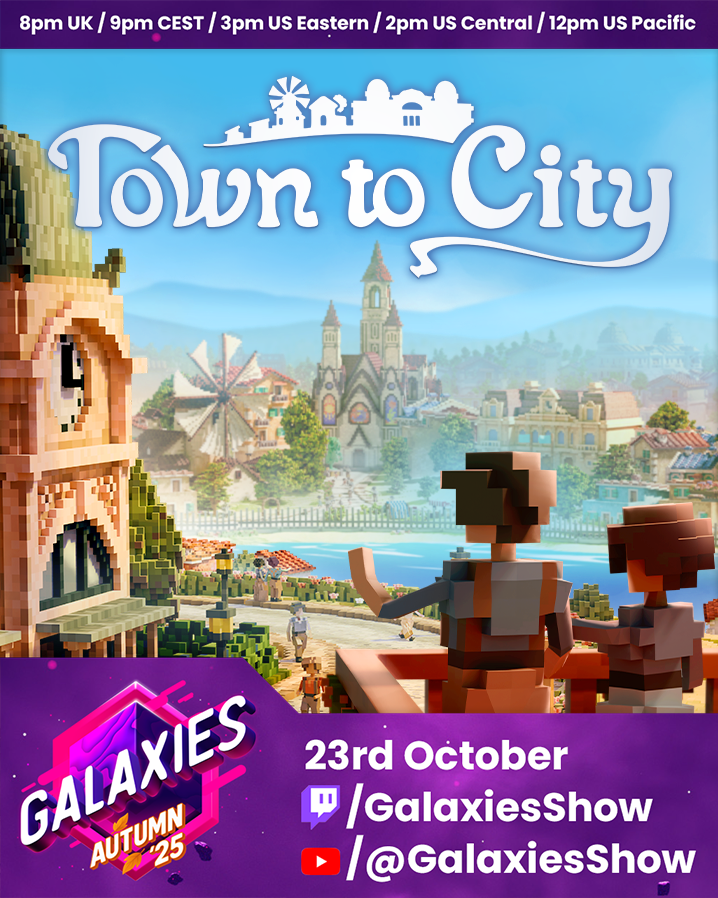 Good day, everyone! 

We are incredibly excited to let you know that we will be featuring a brand new trailer in the Galaxies Autumn Showcase 🚀

Find out more here: bit.ly/43ra6QX

#TowntoCity🏘️
#citybuilder #indiegames #GalaxiesShow