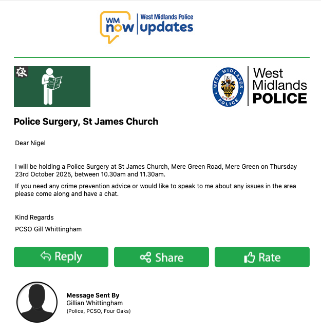 #PoliceSurgery - St James Church Mere Green 23rd October