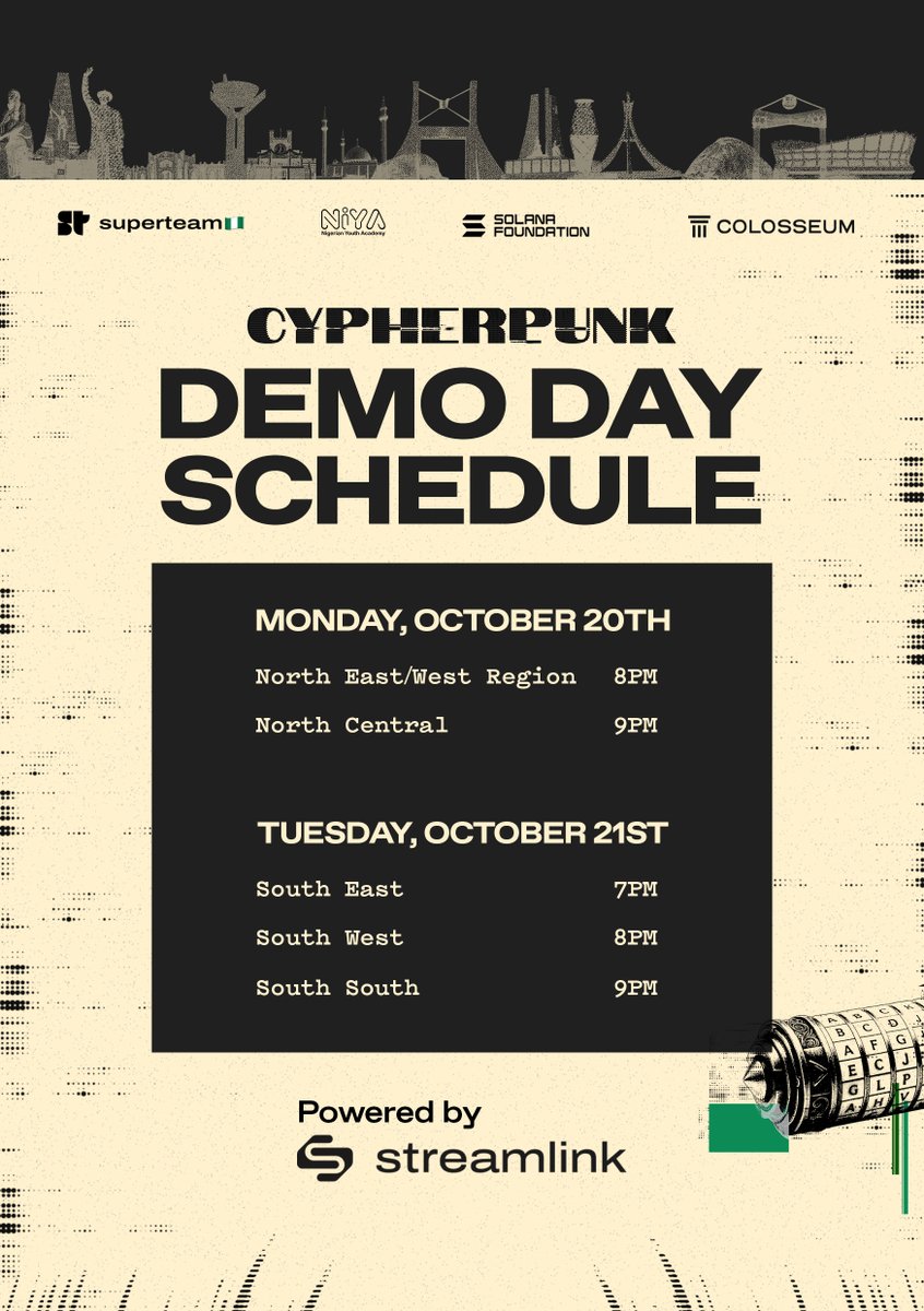 SuperteamNG's tweet image. The Cypherpunks are ready 🥳

Two days. Six regions. Dozens of builders. Live on @use_stream 🔥 

Join the @colosseum Cypherpunk Hackathon virtual demo days today and tomorrow.

More details 👇🏿👇🏿👇🏿