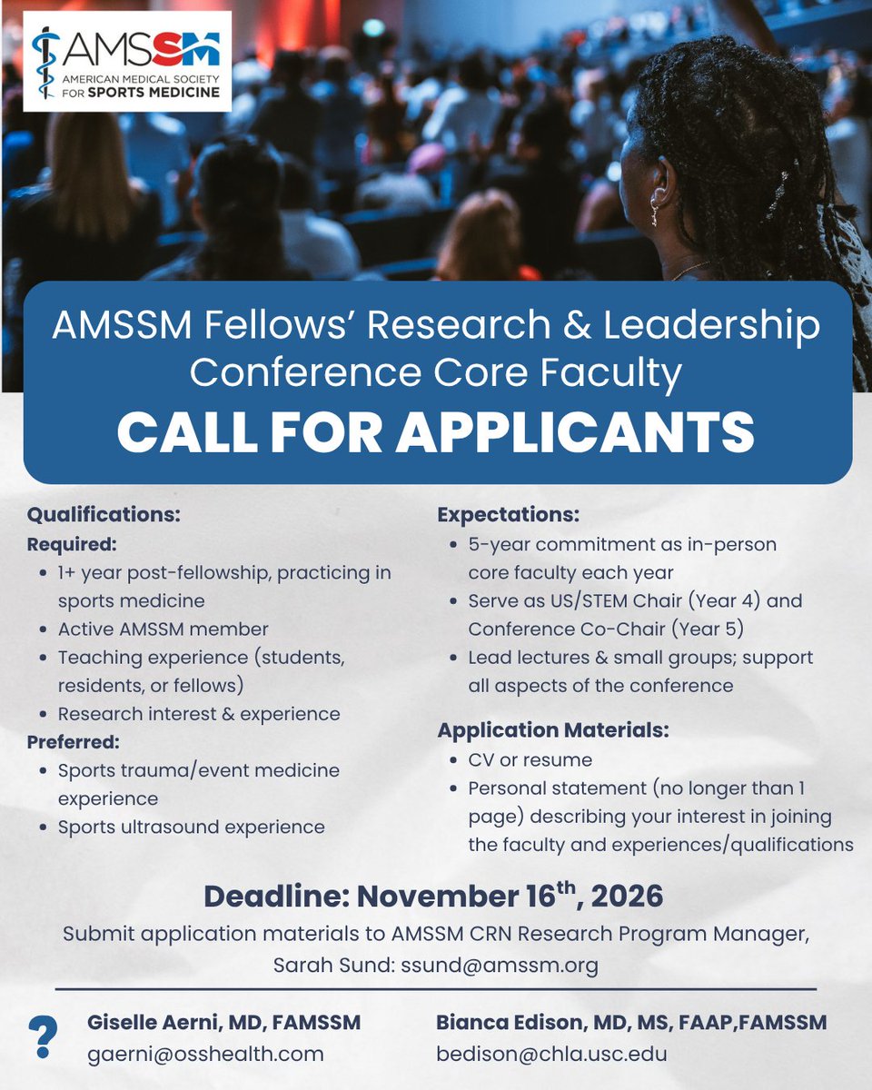 AMSSM CRN (@amssm_crn) on Twitter photo 📢 Applications are now open for Core Faculty positions for the AMSSM Fellows' Research and Leadership Conference! Join a dynamic team of educators and leaders shaping the next generation of sports medicine physicians. 📢 Applications are now open for Core Faculty positions for the AMSSM Fellows' Research and Leadership Conference! Join a dynamic team of educators and leaders shaping the next generation of sports medicine physicians.