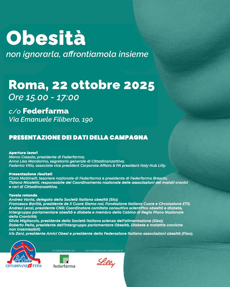 📅 Il 22 ottobre 2025, dalle 15:00 alle 17:00, presso la sede #Federfarma evento conclusivo della campagna “#ObesitàNonIgnorarla, affrontiamola insieme”. Un momento di confronto per migliorare la presa in cura delle persone con obesità. <a href="/Cittadinanzatti/">Cittadinanzattiva APS</a> 
federfarma.it/Edicola/Filodi…