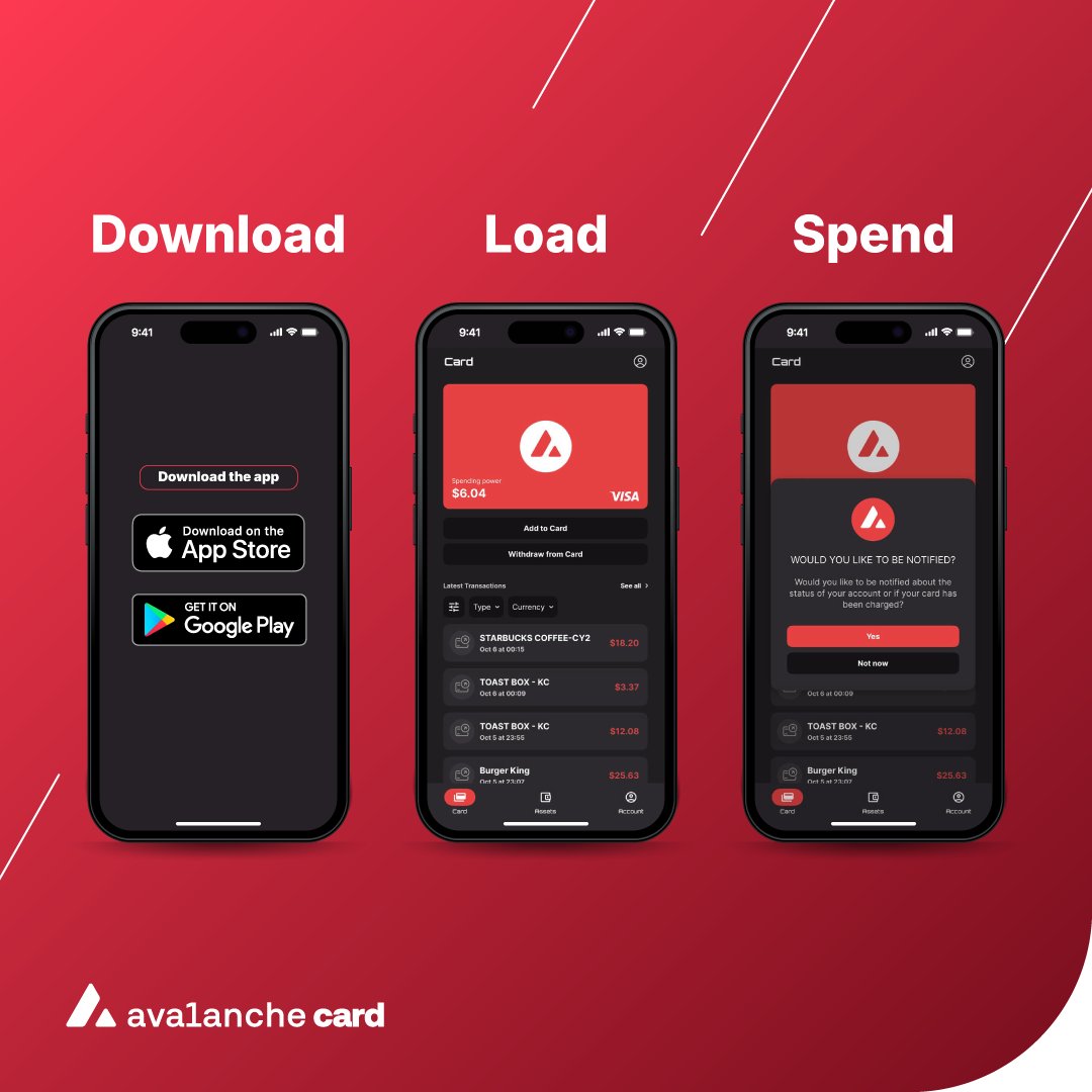 Three easy steps stand between you and simplified, everyday crypto spending with the Avalanche card. 🔺

Step 1: Download the app (available on the App store or Google Play)
Step 2: Load your crypto (Use $AVAX, $sAVAX, $USDC and more)
Step 3: Spend anywhere Visa is accepted
