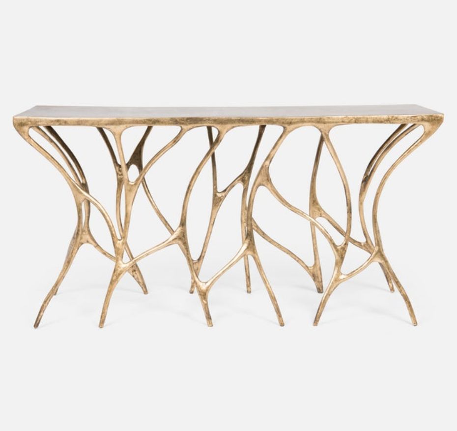 The wildly decorative Aldrich Console by Made Goods will transform a bland entryway. Available in seven sizes as well as a dark bronze finish. Let's go shopping! #residentialdesign #apartmentdesign #foyerfurniture #dianamosherassociates #jacksonheightsinteriordesigner
