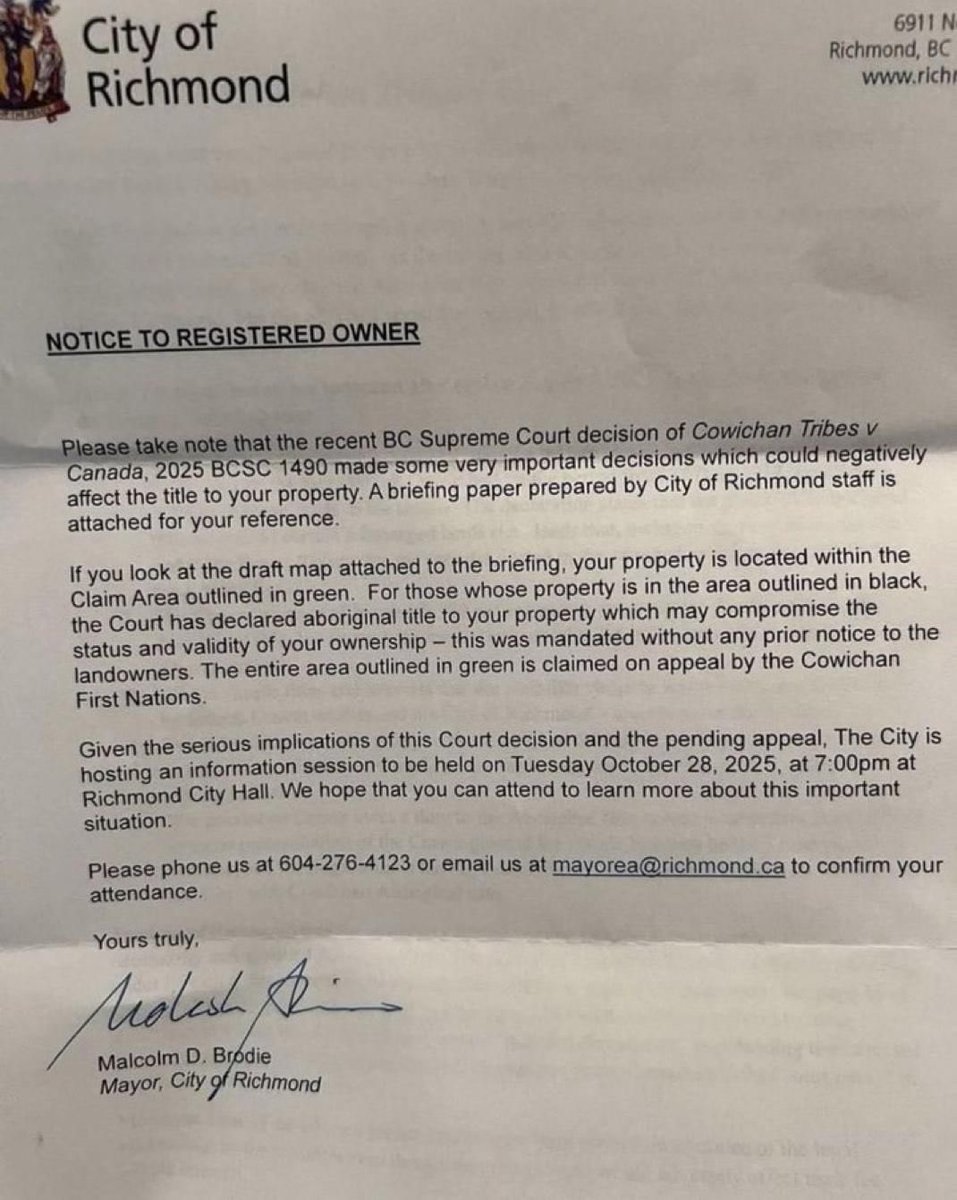 LeslynLewis's tweet image. Many Richmond, B.C., homeowners are deeply concerned after receiving a formal notice from the City of Richmond warning that the Cowichan Tribes v. Canada decision may affect the “status and validity” of their property titles.

For generations, Canadians have trusted that their…