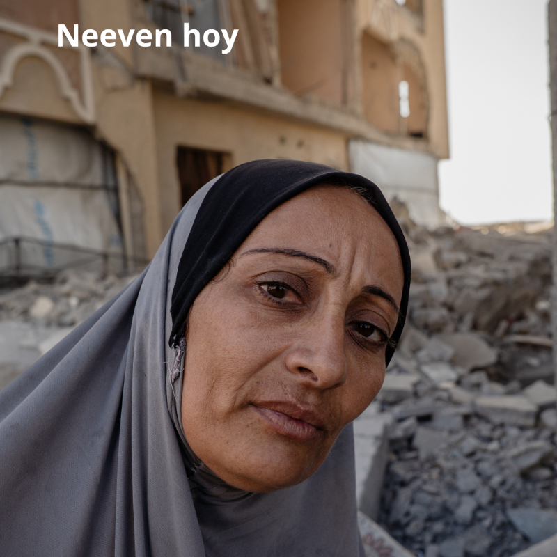WFP_es's tweet photo. Para Neveen, la guerra significa hambre, desplazamiento y pérdida.

Fue desplazada varias veces dentro de la ciudad de Gaza.
Neveen ahora vive entre los escombros de un bloque de apartamentos.

El alto al fuego allana el camino para que llegue más ayuda a Gaza.