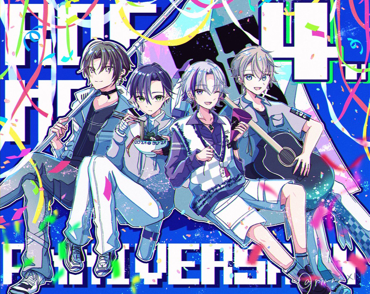 #ろふあーと
#ろふまお4周年 
ROF-MAO4周年おめでとう！！！！
4年間後ろ向かずにアクセル全開で進んできた4人の旅路、この唯一無二の輝きをこれからもずっと見続けてたい！
このまま勢いぶっ飛んで、上昇気流に乗って、大気圏突入してけ！🤍💜🩷🩵
