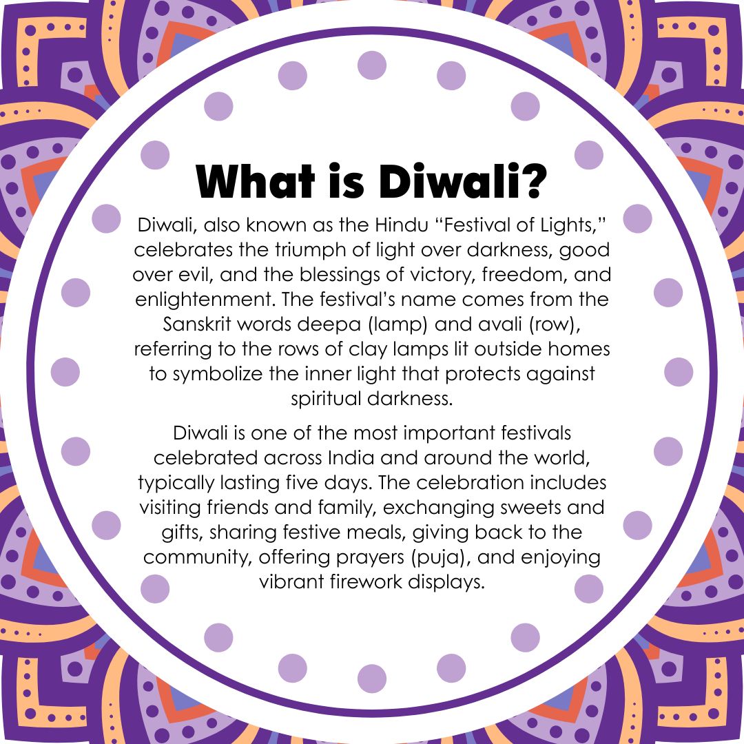 ✨ Happy Diwali! ✨
Also known as the Festival of Lights, Diwali celebrates the triumph of light over darkness and good over evil. Families around the world light lamps, share sweets, give gifts, offer prayers, and enjoy festive celebrations.
