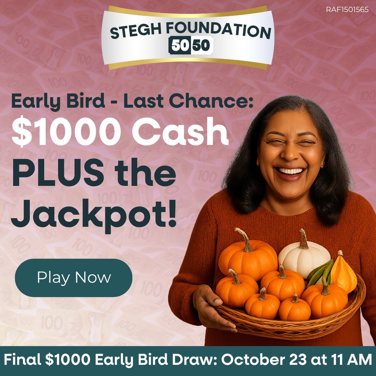 💵 Last chance at $1,000 before the Jackpot Draw!

🗓️ Oct 23 — $1,000 Early Bird
🎟️ All tickets also enter the growing Grand Prize Jackpot!

Buy early for more chances to win 💙
🎟️ ow.ly/aMmb50Xem90

#STEGHFoundation5050 #STEGHFoundation #STEGH