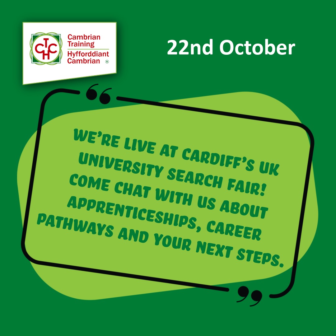 🎉 Ry'n ni yma! Mae Hyfforddiant Cambrian wedi cyrraedd Ffair Chwilio Prifysgolion a Phrentisiaethau y DU yng Nghaerdydd!
🎉 We’re here! Cambrian Training has landed at the UK University &amp; Apprenticeship Search Fair in Cardiff!
#UKUniSearchCardiff #CambrianTraining #SkillsForLife