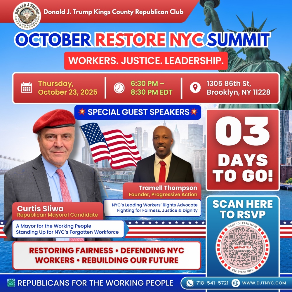 Only 3 days until we make history in Brooklyn.
Join the people’s summit for justice, jobs, and a stronger NYC. 🇺🇸

📅 Thursday, Oct 23 | 6:30 PM
📍 1305 86th St, Brooklyn, NY
RSVP NOW: parteaevents.com/event/90