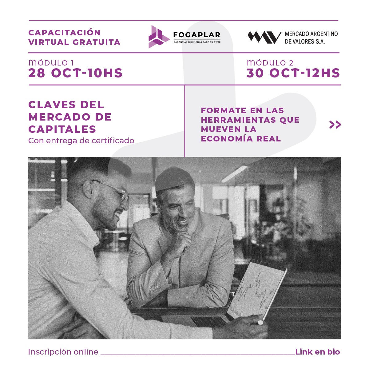 fogaplar's tweet photo. FOGAPLAR y el @MAVSAOficial te invitan a la capacitación virtual gratuita: "Claves del Mercado de Capitales".

Una oportunidad excelente para conocer las principales herramientas,instrumentos y plataformas q hoy mueven el financiamiento empresarial en nuestro país. https://t.co/oIWdhF3SqK